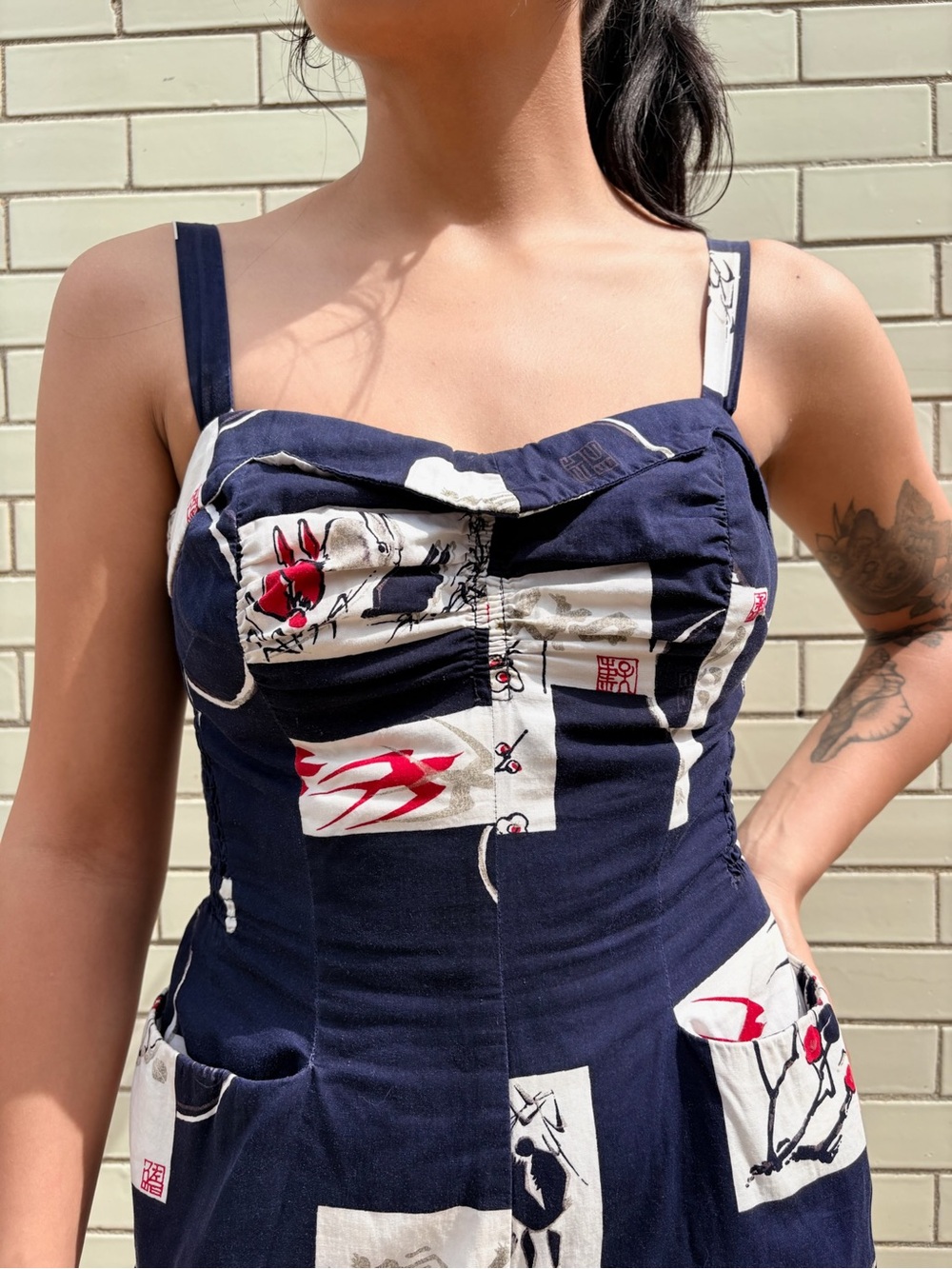 Vintage 1950s Alfred Shaheen Navy Japanese Print Romper Swimsuit Size Small - Picture 3 of 12